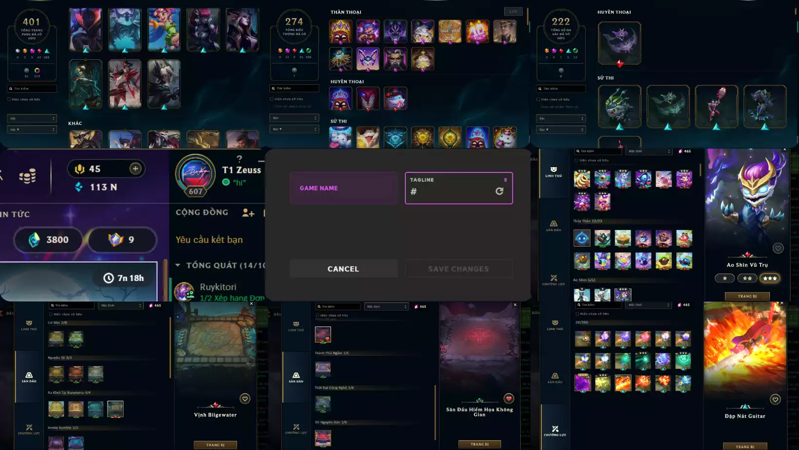 Ảnh ACC 5VS5 DƯ 9 HUY CHƯƠNG ĐỔI PET TÍM TÍ NỊ  FULL SKIN JAYCE 1TR3 THÔNG THẠO JAYCE  SKIN : 401 FULL TƯỚNG , LV : 607, ĐA SẮC : 222,DƯ 113K THL,  RANK VÀNG 1 DD LB LH, CÒN ĐỔI TÊN